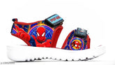 Red, navy blue, and green patent leather Spider Human WEB-SINGER kids sandals for summer wear, featuring Velcro fastening. Ideal for boys aged 2-8 years." (90 characters)